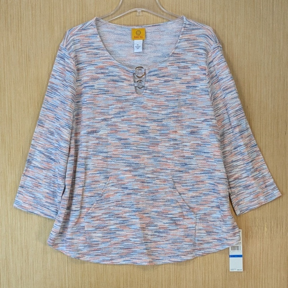 Ruby Rd Womens XL Colorful Space Dye Knit Top 3/4 Sleeve Keyhole Ring Pocket NWT